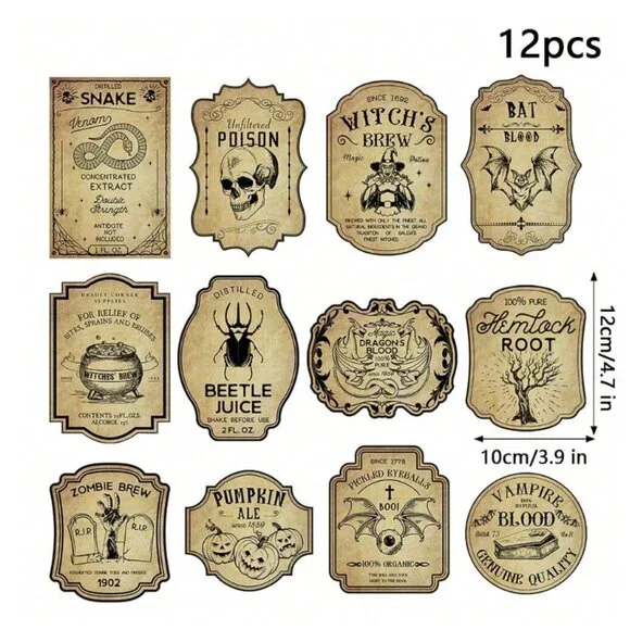 Vintage Halloween WIne Bottle Label Sticker 12 Designs NWT