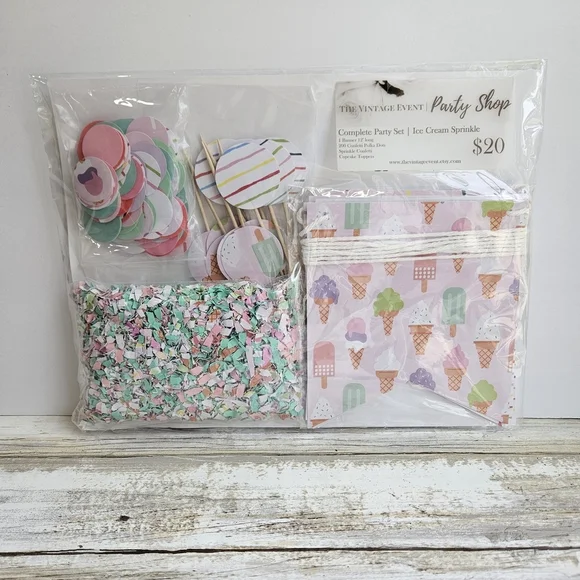 Pastel Ice Cream Party Decorations Set with Banners & Confetti