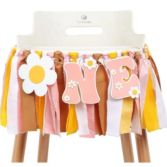 NEW Girl's First Birthday High Chair Pink Banner, Number One Balloon, Daisies