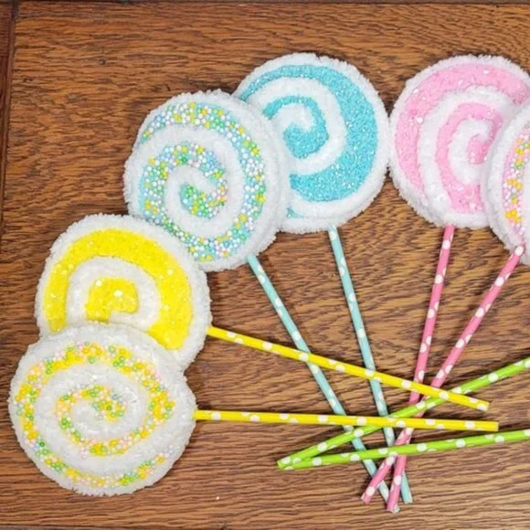 Decorative Yarn Lollipops w/ Glitter/Mini‎ Styrofoam Balls in Pastels - Yellow