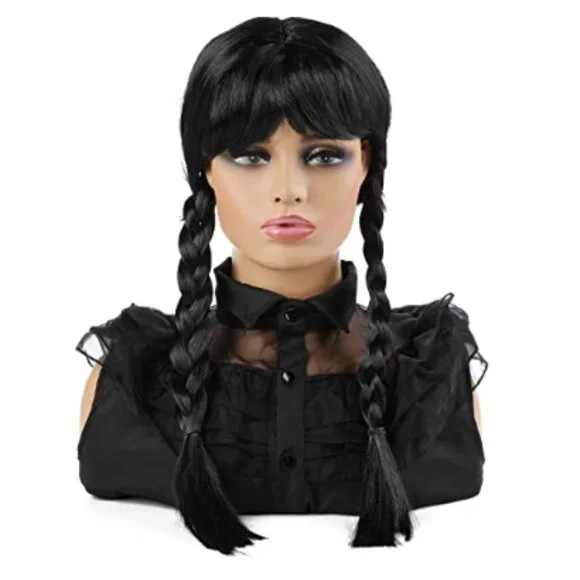 KIDS Wednesday Long Black Braided Wig with Bang for Kids & Girls