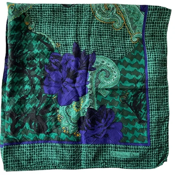 Christian Dior Autumn Green Hues Violet Floral Paisley Silk Scarf Authentic