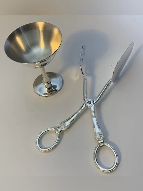 SILVER PLATED CHALICE/GOBLET AND SERVING TONGS