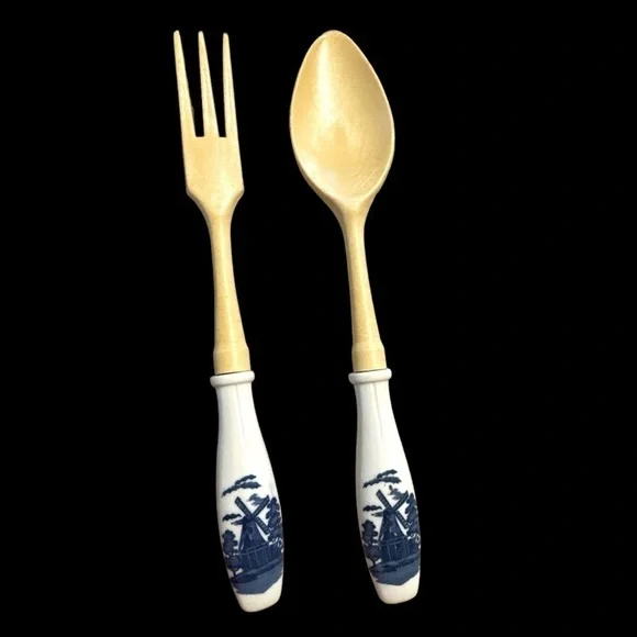 Rare Find! Vintage Blue Holland salad serving fork and spoon