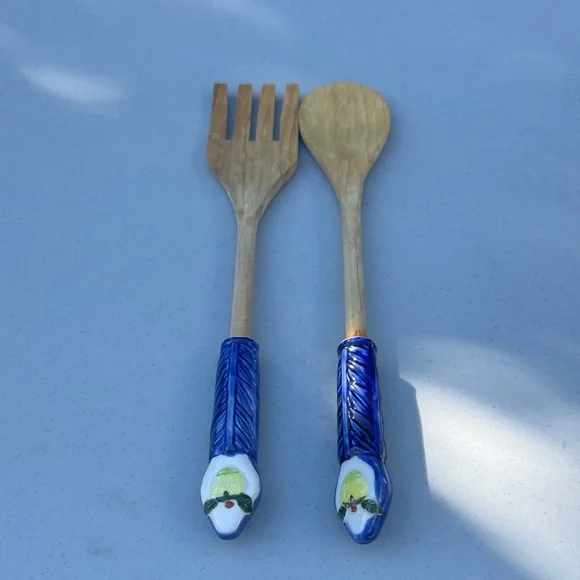 VTG Wooden Salad Serving Fork and Spoon with Ceramic Blue Handles, Made in Italy