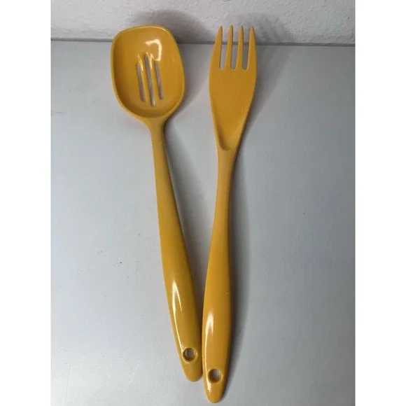 Vintage Machi Melamine Utensils Serving Fork & Slotted Spoon Gold Color Taiwan