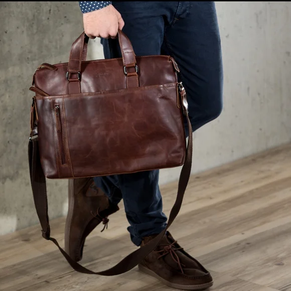 🥰 GUC Baccini Leandro Genuine Italian Leather Laptop Bag, Cognac Brown, 16 in.