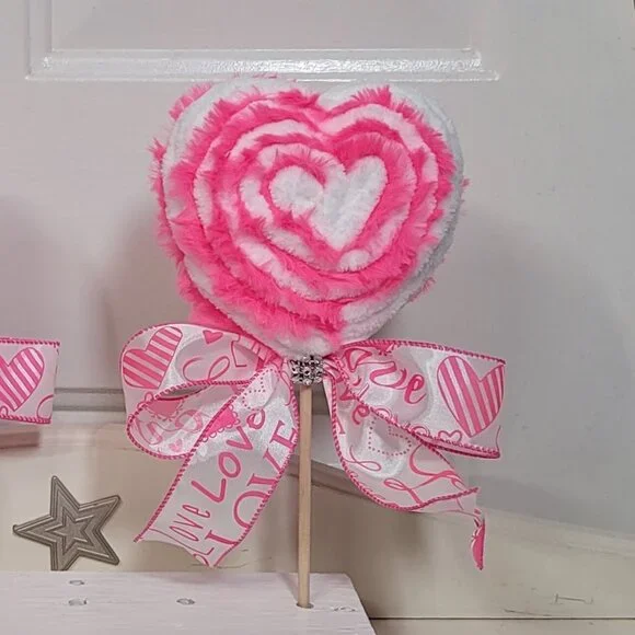 Velvety White Yarn & Pink Furry Yarn Heart Lollipop, Hand Crafted