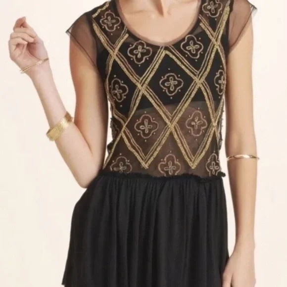 Free people shirt tulle raw pleated hem embroidered top beaded embroidery