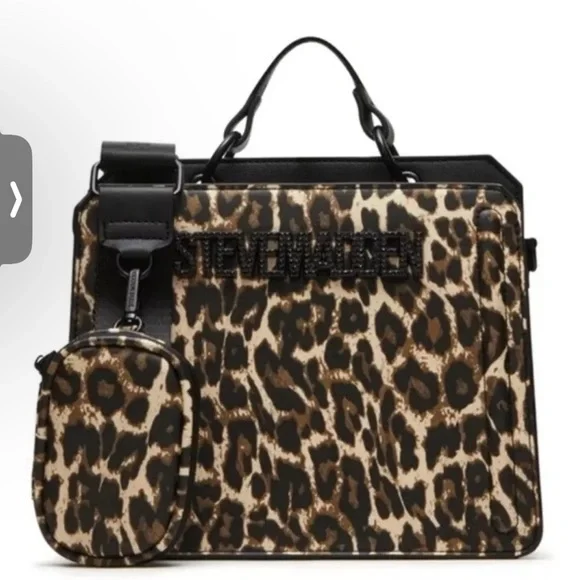 NWT STEVE MADDEN Bevelyn LEOPARD SATCHEL CROSSBODY BAG Black RHINESTONE TIKTOK‎