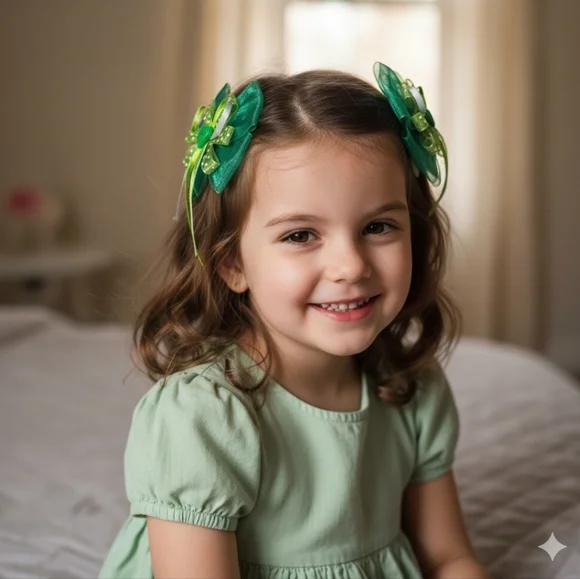 Girls Set Of 2 Handmade Green Polka Dot Hair Clips- Brand New