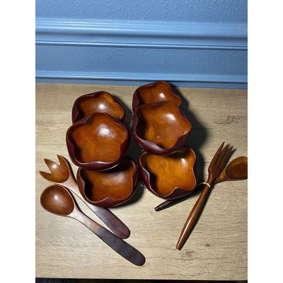 10pcs VTG 60s MCM Tiki Hawaiian Serving‎ Bowl Set Wood Flower Shape Utensils