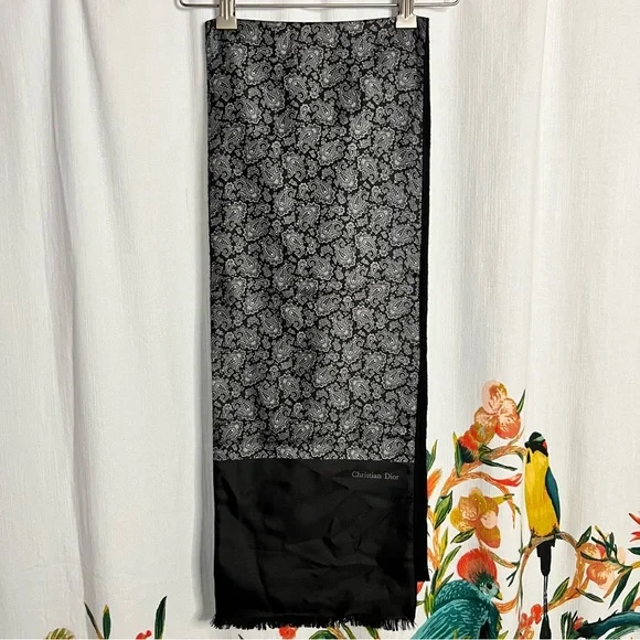 Christian Dior Black and Silver Paisley Pattern Scarf 55