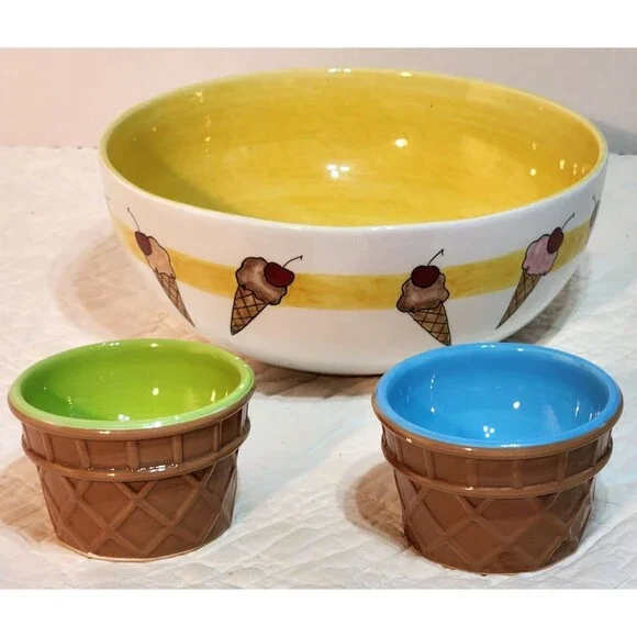 Pottery Barn Ice Cream Serving Bowl Ceramic & 2 Sundae Dessert Bowls