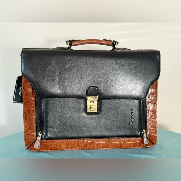 VTG ~ Bellerose Black and Brown Croc-Embossed Leather Briefcase ~