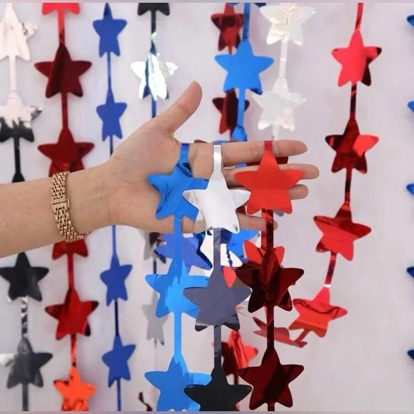Patriotic Star Curtain Garland - Red, Blue, Silver