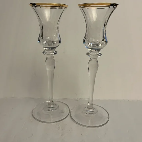 Vintage Optic Crystal Candle Holders With Gold Trim - Set of 2