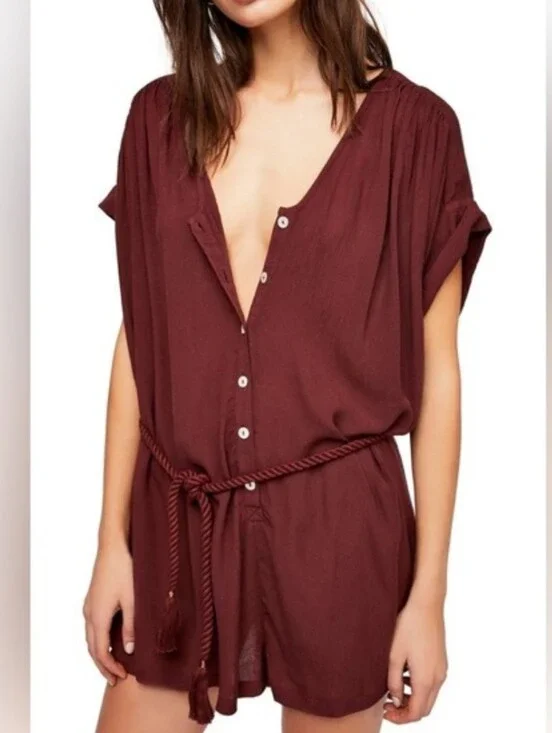 Free People Spanish Endless Summer Burgundy Romper Rope Tie Waist Small