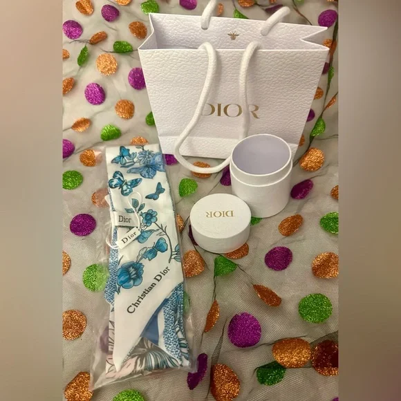 Christian Dior Blue Floral Butterfly Twilly Scarf with White Gift Box and Bag