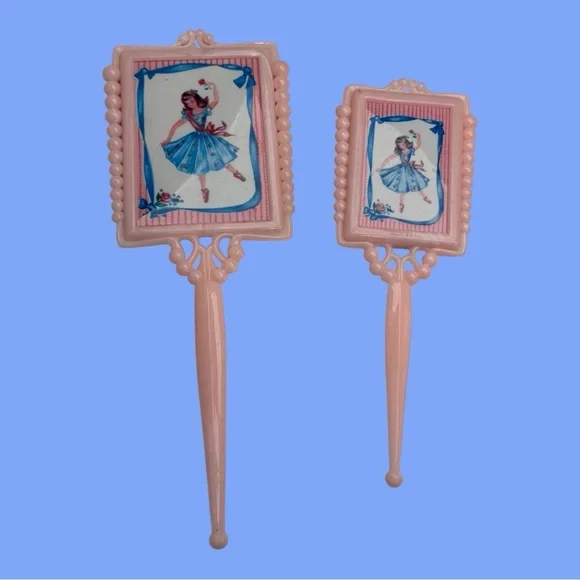 Vintage Ballerina Child's Vanity Set Mirror and Brush Pink Blue 1940s