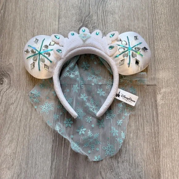 Disney Parks Elsa Frozen Minnie Mouse Ears Headband White Teal Tiara Veil Gem