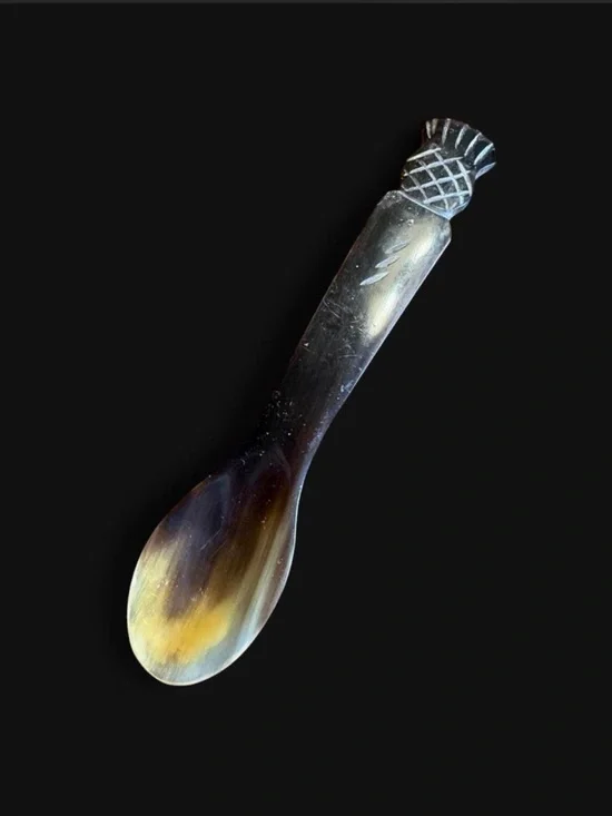 Scottish hand carved horn spoon with pineapple motif handle