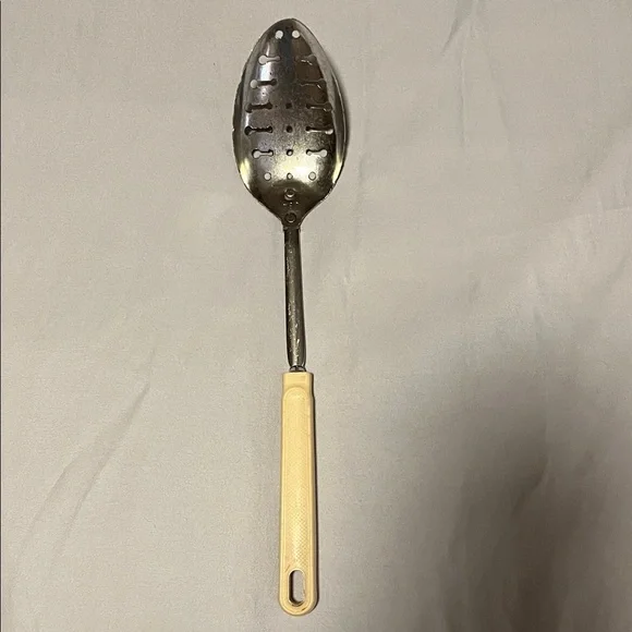 Vintage EKCO Stainless Steel Slotted Kitchen Spoon with Beige Handle Made in USA