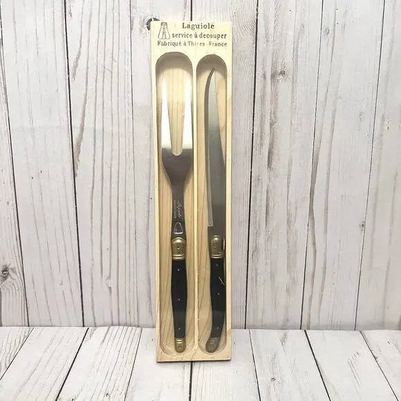 Vintage Laguiole Jean Dubost Fork & Knife CARVING SET Black Handle Bee NEW!!!