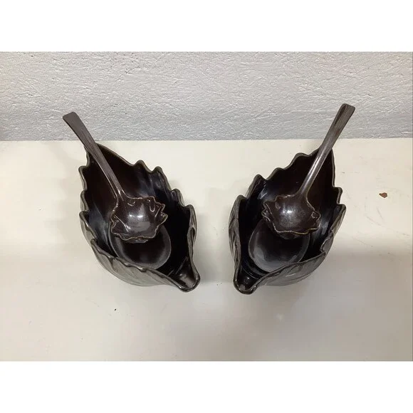 pottery barn metallic leaf bowl w/ladle dish large ceramic set of 2