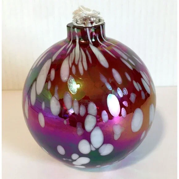 Pottery Barn Glass Oil Lamp Red White Hand Blown Art Glass Unused Iridescent