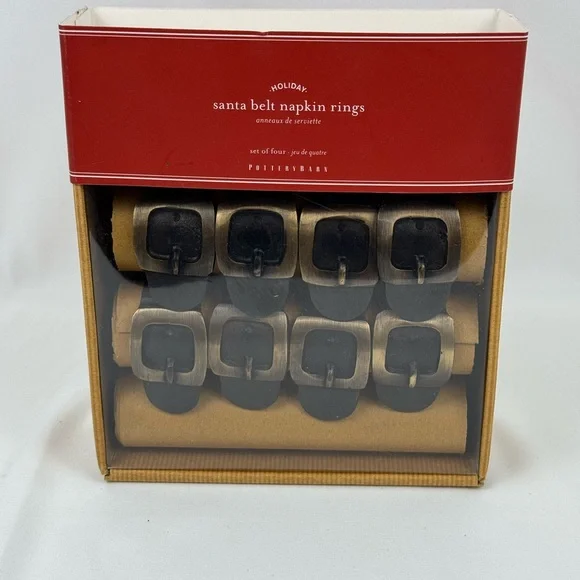 Set of 8 Pottery Barn Santa Belt Napkin Rings – Holiday Table Decor