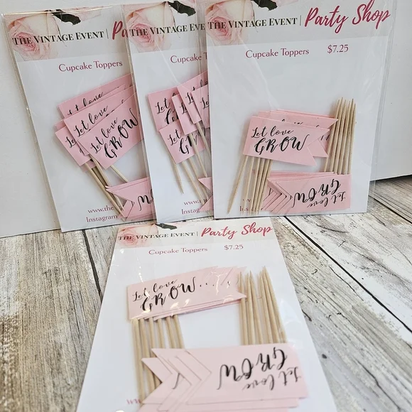 48 Pink Cupcake Toppers- Let Love Grow
