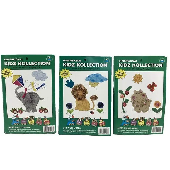 Vtg 3x Dimensional Kidz Kollection‎ Iron-On Fabric Applique Lion Hippo Elephant
