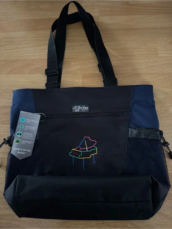 Vintage Men’s Black and Navy Tote Bag with Piano Graphic 17inx14in Brand New