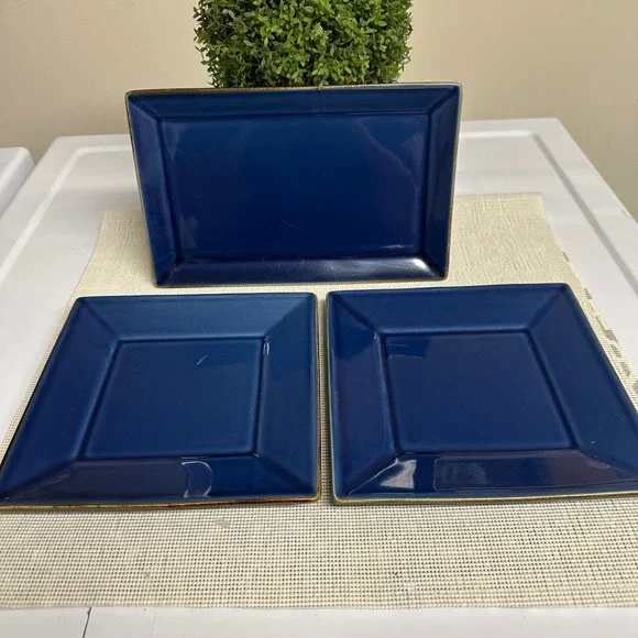 Pottery Barn Asian Square Blue 2 Pc Salad Plates & Rectangular Platter Vntage