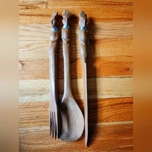 Vintage tribal wooden hand Carved serving set