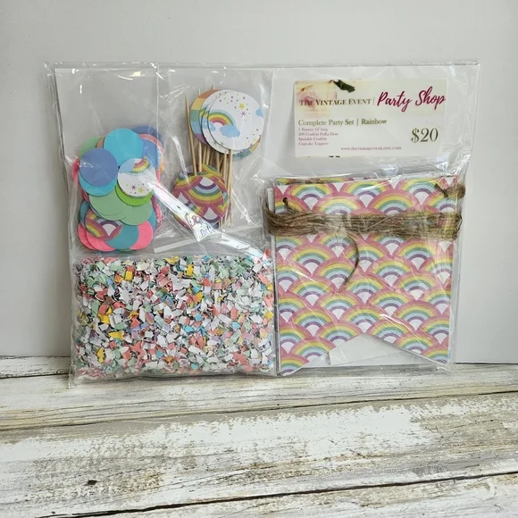 Vibrant Rainbow Party Decorations: Banner, Confetti, Cupcake Toppers