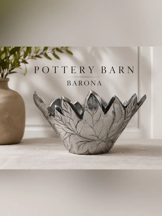 Pottery Barn Barona Silver Leaf Bowl Decorative Centerpiece 11”