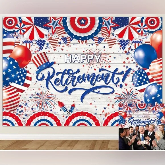 Patriotic Military Retirement Party Photo Backdrop Banner & Star Streamers Decor