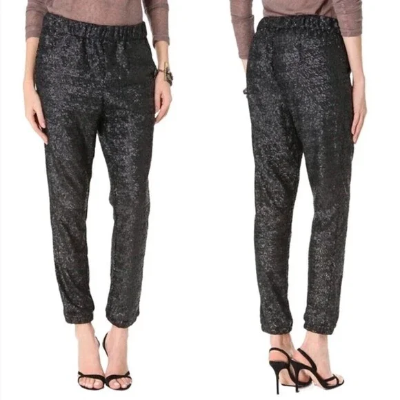 FREE PEOPLE Sequin Party Trouser Ankle Cropped Pull On Pants Black Small y2k