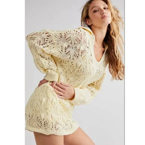 New Free People Elton Collared Crochet Mini Dress $178 MEDIUM Ivory Lined