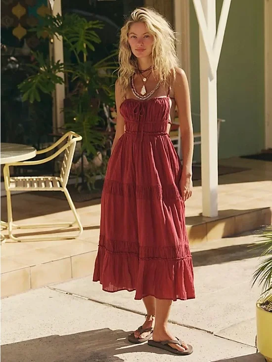 Free People Free-est Taking Sides Maxi Dress Tiered Aged Red Burgundy Size Large