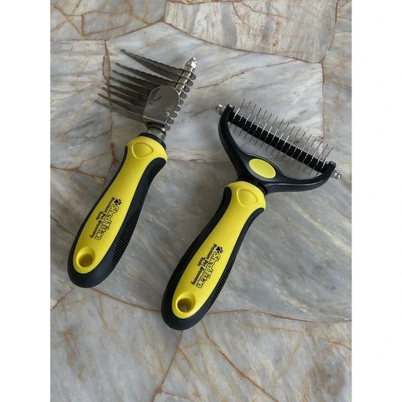 ShedTitan Premium Pet Grooming Dematting Rake + Undercoat Tool Set Yellow Black