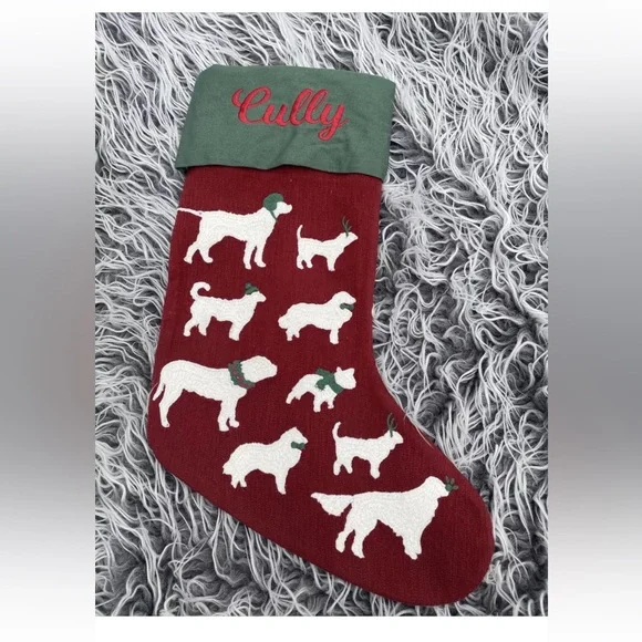 Pottery Barn Dogs Crewel Embroidered Christmas Stocking Monogram Cully