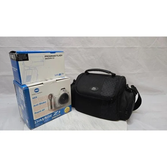 Konica Minolta DiMAGE Z3 Camera w/ Flash,Charger,Optika Lenses,Filters,Bag WORKS