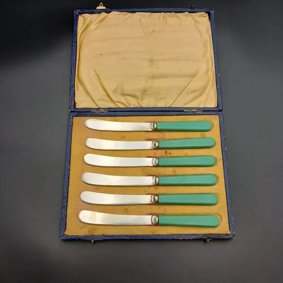 Antique EPNS Butter Knives Set Of 6 Original Box Green Discontinued