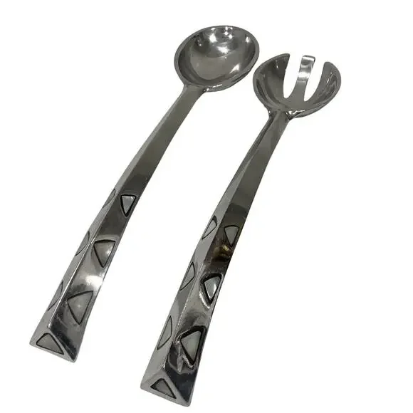 Artisan Silver Serving Fork & Spoon Set White Stone Shell Inlay Made in India