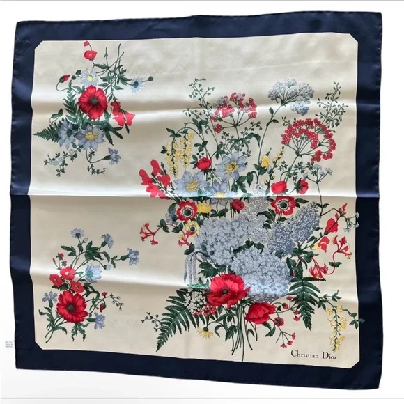 Christian Dior 100% Silk Scarf in Blue and Red Floral on White, flawless