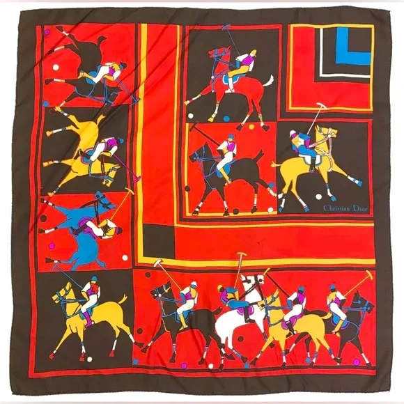 AUTH VINTAGE CHRISTIAN DIOR 78cm x 78cm LARGE MULTICOLOR JOCKEY RED SCARF SILK