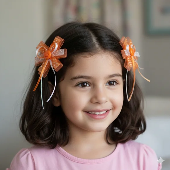 Handmade Girls Orange/White Smiley Face Ribbon Hair Clips Set